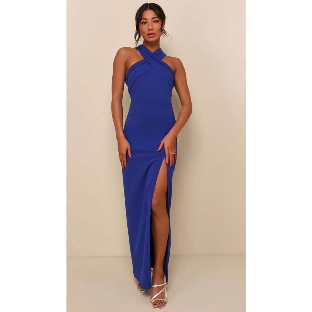 Lulus Head to Cocktail Hour Royal Blue Halter Neck Maxi Dress Size Large NWT!